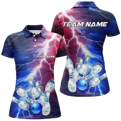Red, White And Blue Thunder Bowling Polo Shirts For Women, Patriotic Bowling Team Jerseys IPHW5254
