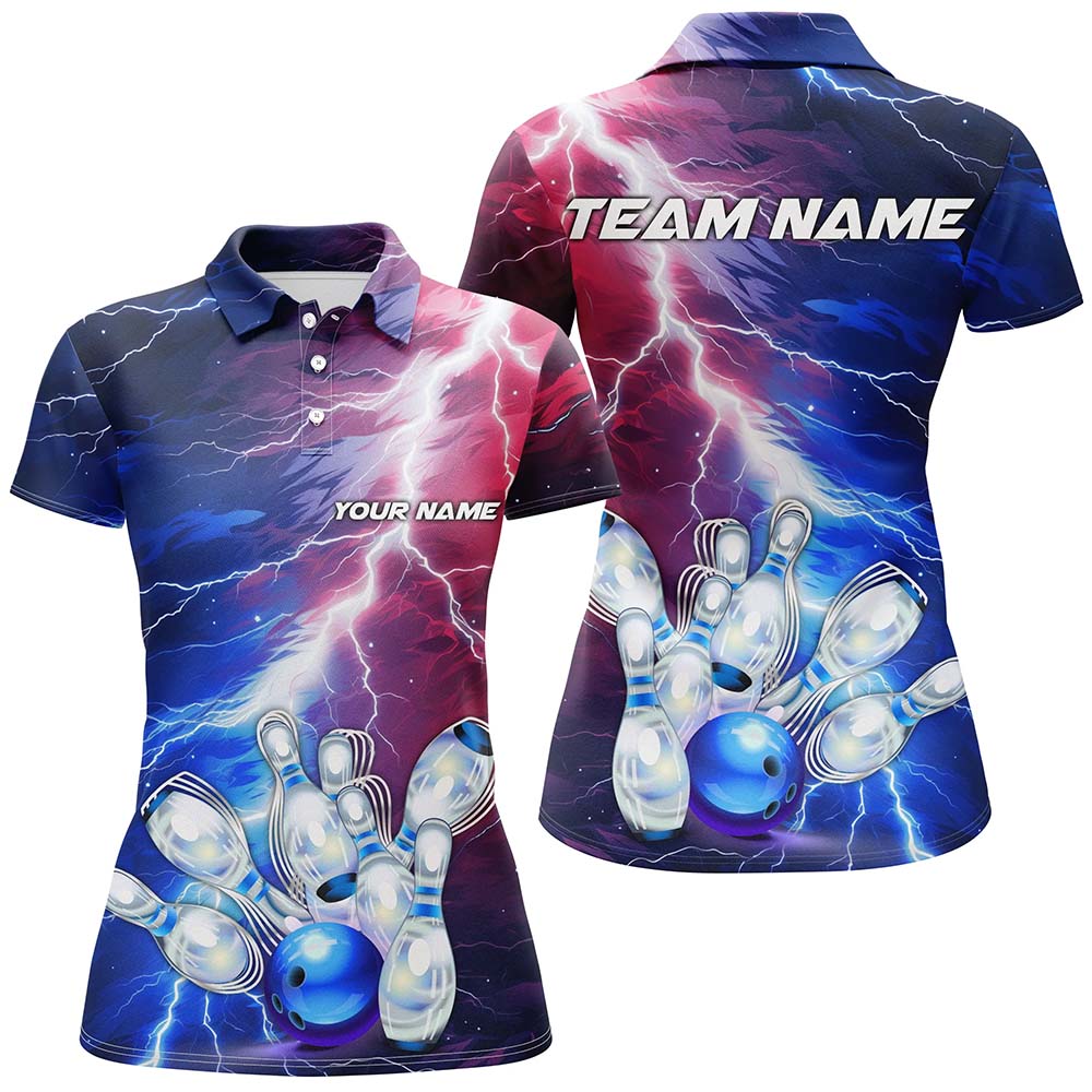 Red, White And Blue Thunder Bowling Polo Shirts For Women, Patriotic Bowling Team Jerseys IPHW5254