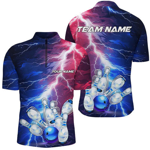 Red, White And Blue Thunder Bowling Quarter Zip Shirts For Men, Patriotic Bowling Team Jerseys IPHW5254