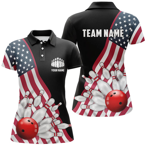 American Flag Custom Women'S Bowling Polo Shirts, Patriotic Strike Bowling Team Jerseys IPHW5262