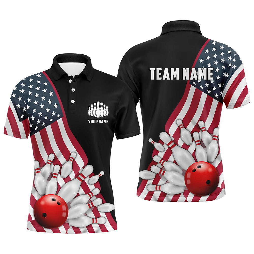 American Flag Custom Men'S Bowling Polo Shirts, Patriotic Strike Bowling Team Jerseys IPHW5262