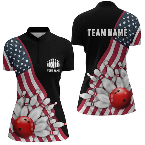 American Flag Custom Women'S Bowling Quarter Zip Shirts, Patriotic Strike Bowling Jerseys IPHW5262