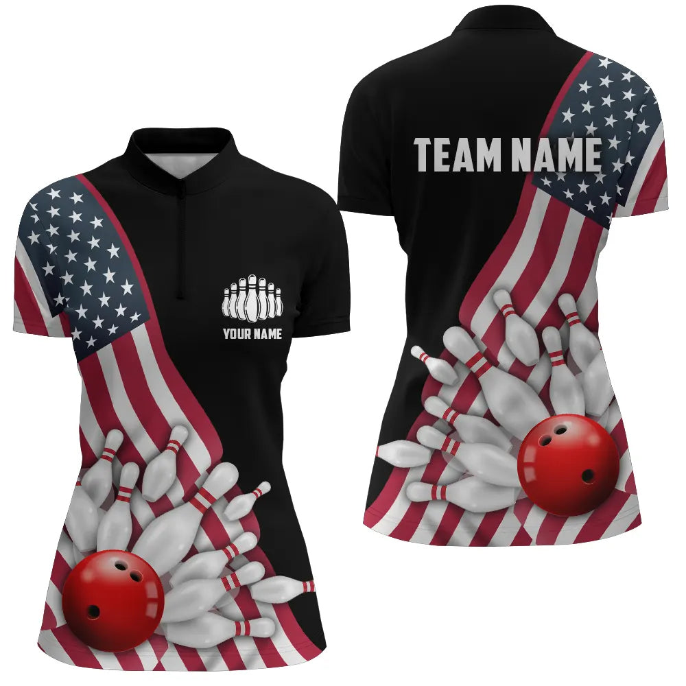 American Flag Custom Women'S Bowling Quarter Zip Shirts, Patriotic Strike Bowling Jerseys IPHW5262