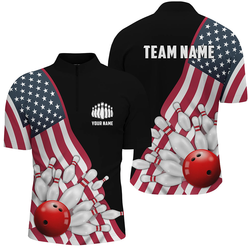 American Flag Custom Men'S Bowling Quarter Zip Shirts, Patriotic Strike Bowling Team Jerseys IPHW5262