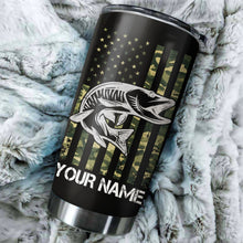 Load image into Gallery viewer, Musky (Muskie) Fishing Tumbler US Flag Camo Patriot Customize name Stainless Steel Tumbler Cup Personalized Fishing gift for fisherman - IPH1273