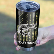 Load image into Gallery viewer, Musky (Muskie) Fishing Tumbler US Flag Camo Patriot Customize name Stainless Steel Tumbler Cup Personalized Fishing gift for fisherman - IPH1273