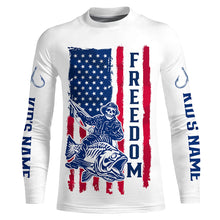 Load image into Gallery viewer, Personalized Skull Fisherman American Flag Long Sleeve Fishing Shirts, Patriotic Fishing Gifts IPHW6112