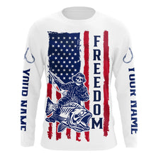 Load image into Gallery viewer, Personalized Skull Fisherman American Flag Long Sleeve Fishing Shirts, Patriotic Fishing Gifts IPHW6112