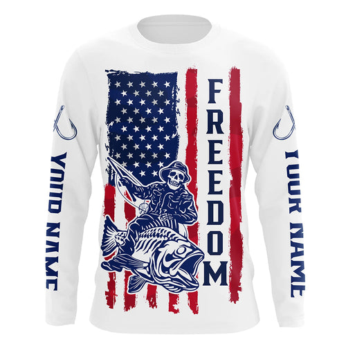 Personalized Skull Fisherman American Flag Long Sleeve Fishing Shirts, Patriotic Fishing Gifts IPHW6112