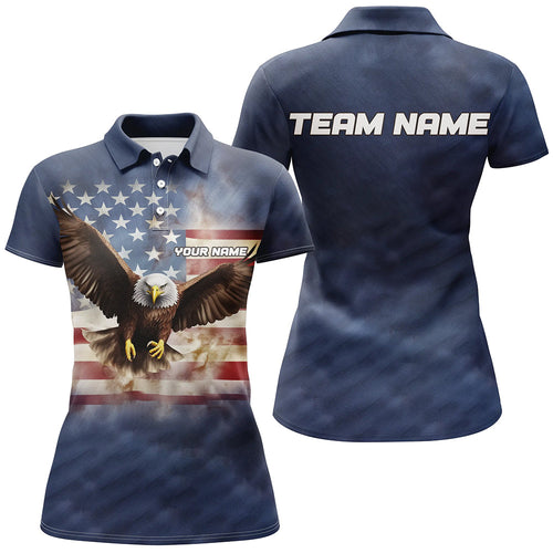 Eagle American Flag Custom Womens Bowling Polo Shirts, Patriotic Bowling Team Jerseys. IPHW5286