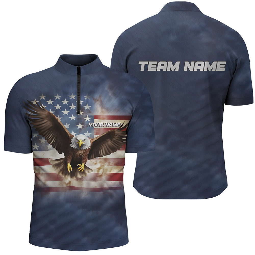 Eagle American Flag Custom Mens Bowling Quarter Zip Shirts, Patriotic Bowling Team Jerseys IPHW5286