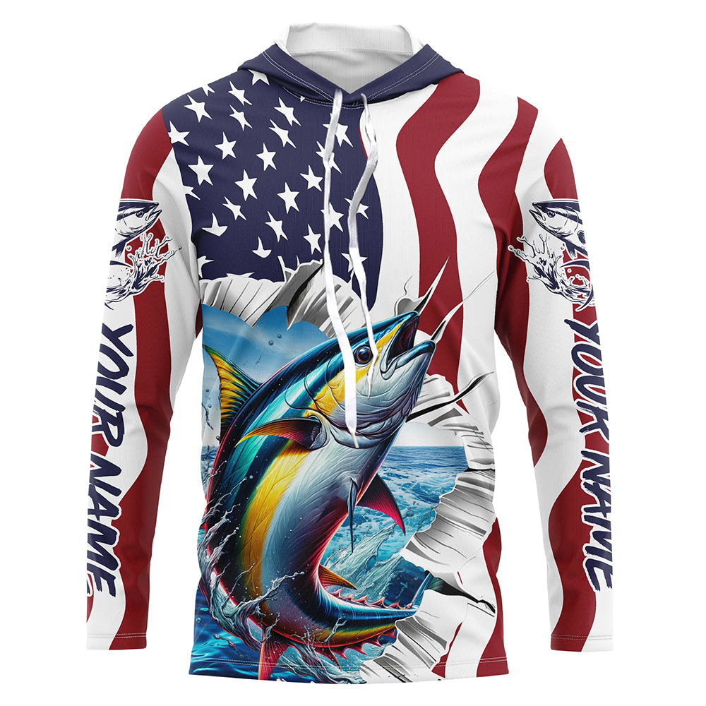Personalized American Flag Tuna Long Sleeve Fishing Shirts