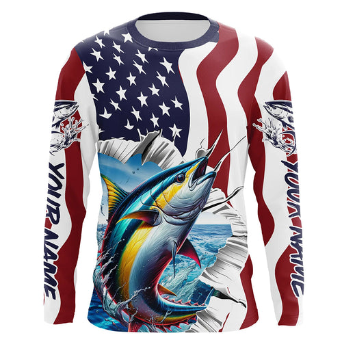 Personalized American Flag Tuna Long Sleeve Fishing Shirts, Patriotic Tuna Fishing Jerseys IPHW6116