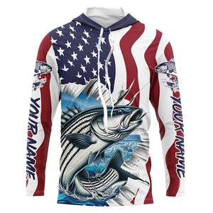 Custom American Flag Striped Bass Long Sleeve Fishing Shirts, Patriotic Striper Fishing Jerseys IPHW6117