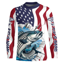 Load image into Gallery viewer, Custom American Flag Striped Bass Long Sleeve Fishing Shirts, Patriotic Striper Fishing Jerseys IPHW6117