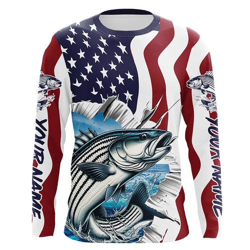 Custom American Flag Striped Bass Long Sleeve Fishing Shirts, Patriotic Striper Fishing Jerseys IPHW6117