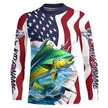 Load image into Gallery viewer, Custom American Flag Mahi Mahi Long Sleeve Fishing Shirts, Patriotic Mahimahi Fishing Jerseys IPHW6118