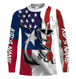 American Texas Flag Fish hook Custom UV Long Sleeve Fishing Shirts for men, women and kids, Patriotic Fishing gifts - IPHW814