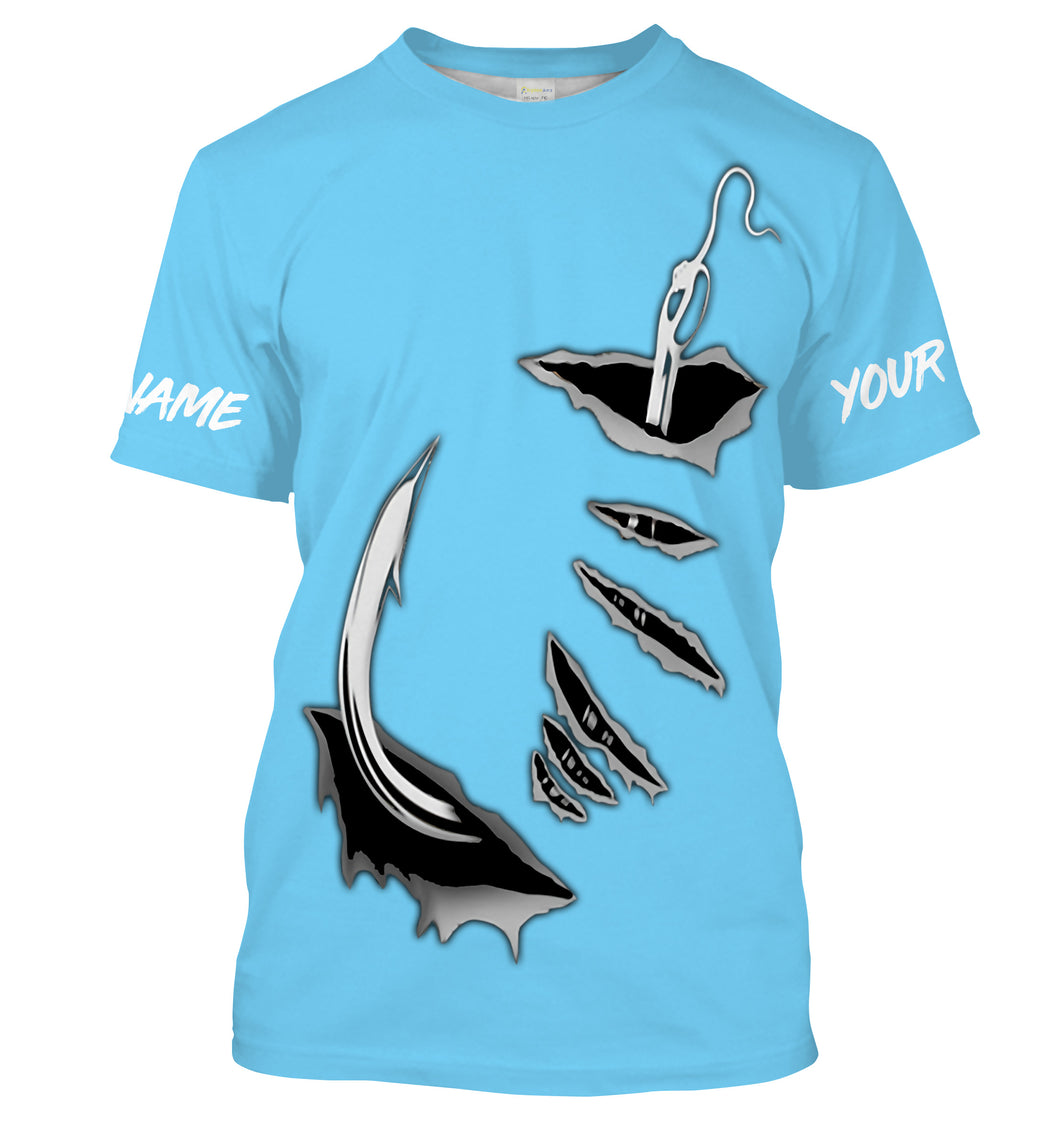 3D Fish hook Customize UV Protection Long sleeve performance Fishing Shirts | baby blue - IPHW1482