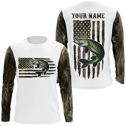 American Flag Camo Custom Musky Long Sleeve Fishing Shirts, Patriotic Musky Fishing Jerseys IPHW6136