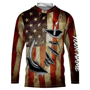 Fish Hook Vintage American Flag Custom Long Sleeve Fishing Shirts, Personalized Patriotic Fishing Gifts FEB21 - IPHW661