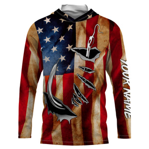 Fish Hook Vintage American Flag Custom Long Sleeve Fishing Shirts, Personalized Patriotic Fishing Gifts FEB21 - IPHW662