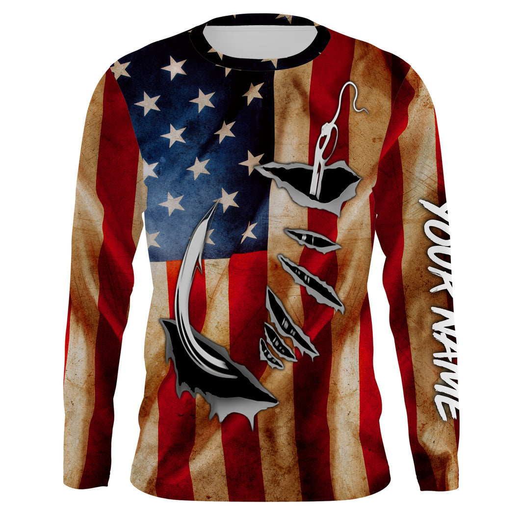 Fish Hook Vintage American Flag Custom Long Sleeve Fishing Shirts, Personalized Patriotic Fishing Gifts FEB21 - IPHW662