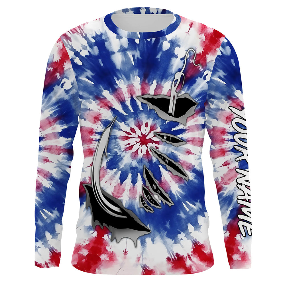 Custom Fish Hook American Flag Tie Dye Camo Long Sleeve Fishing Shirts, Patriotic Fishing Jerseys IPHW4697