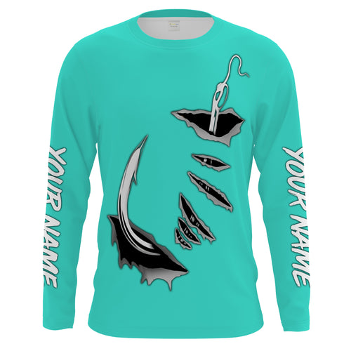 Fish hook Custom Turquoise blue Long Sleeve performance Fishing Shirts Fishing jerseys - IPHW1490