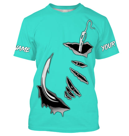 Fish hook Custom Turquoise blue Long Sleeve performance Fishing Shirts Fishing jerseys - IPHW1490