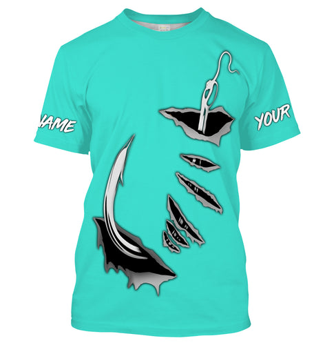 Fish hook Custom Turquoise blue Long Sleeve performance Fishing Shirts Fishing jerseys - IPHW1490