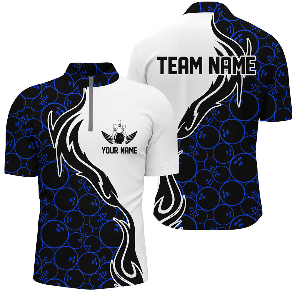 Blue Bowling Pattern Custom Men Bowling Quarter Zip Shirts Flame Bowling Team Jerseys Tournament IPHW5307