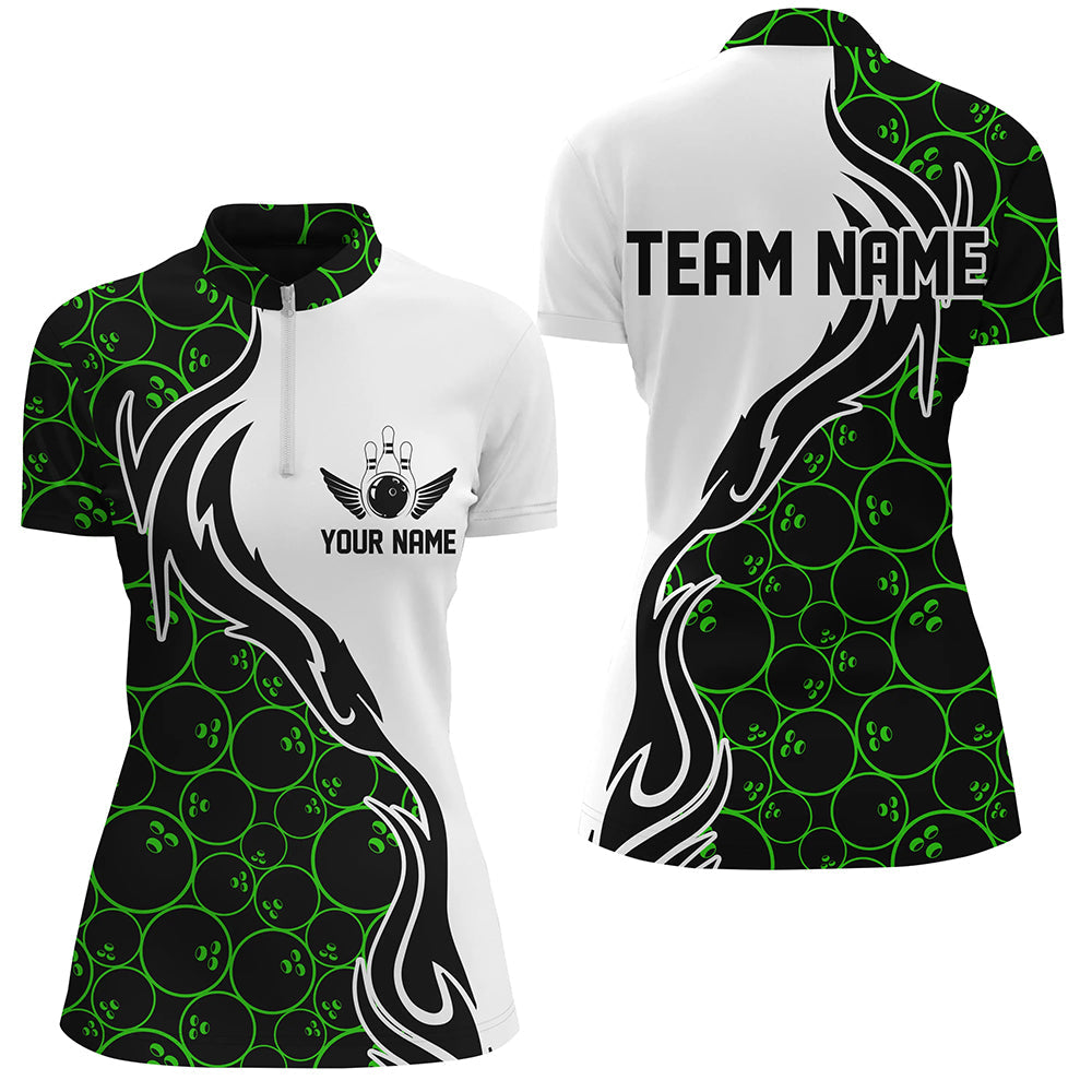 Green Bowling Pattern Custom Women Bowling Quarter Zip Shirts Flame Bowling Team Jerseys IPHW5308