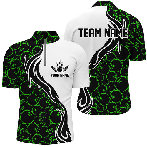 Green Bowling Pattern Custom Men Bowling Quarter Zip Shirts Flame Bowling Team Jerseys Tournament IPHW5308