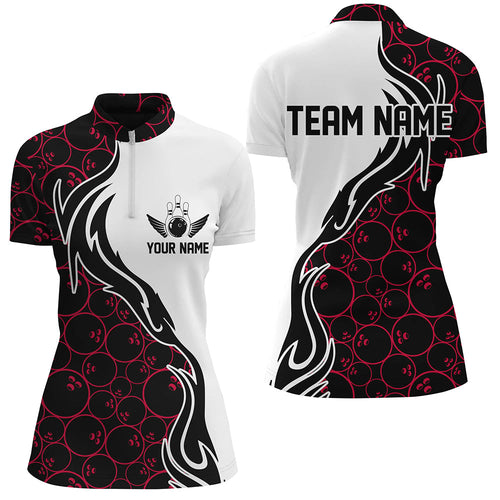 Red Bowling Pattern Custom Women Bowling Quarter Zip Shirts Flame Bowling Team Jerseys IPHW5311