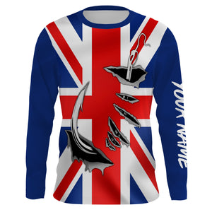 UK Fishing 3D Fish Hook England Flag Sun / UV protection quick dry customize name long sleeves shirts UPF 30+ personalized Patriotic fishing apparel gift for Fishing lovers - IPH1976