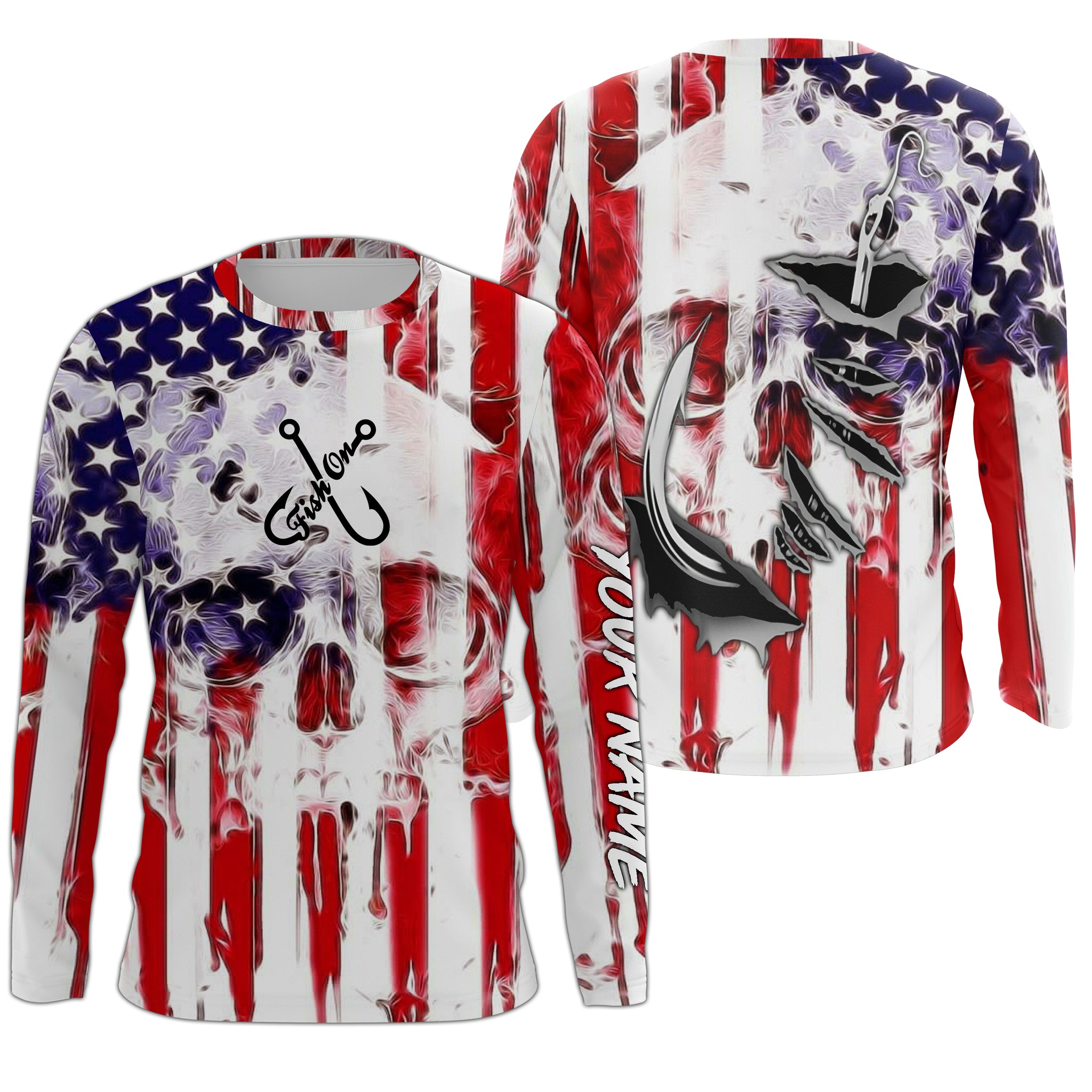 American Flag Skull Fish Hook Long Sleeve Fishing Shirts, Personalized –  ChipteeAmz
