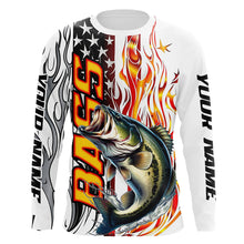 Load image into Gallery viewer, Flame American Flag Custom Bass Long Sleeve Fishing Shirts, Patriotic Bass Fishing Jerseys IPHW5940