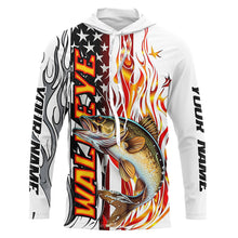 Load image into Gallery viewer, Flame American Flag Custom Walleye Long Sleeve Fishing Shirts, Patriotic Walleye Fishing Jerseys IPHW5941