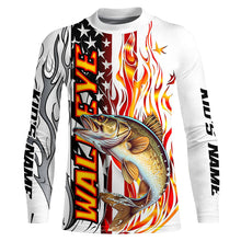 Load image into Gallery viewer, Flame American Flag Custom Walleye Long Sleeve Fishing Shirts, Patriotic Walleye Fishing Jerseys IPHW5941