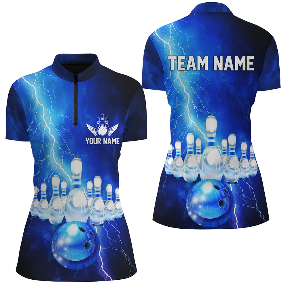 Custom Blue Thunder Lightning Bowling Quarter Zip Shirts For Women Bowling Team Shirts IPHW5349