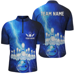 Custom Blue Thunder Lightning Bowling Quarter Zip Shirts For Men Bowling Jerseys Team Shirts IPHW5349