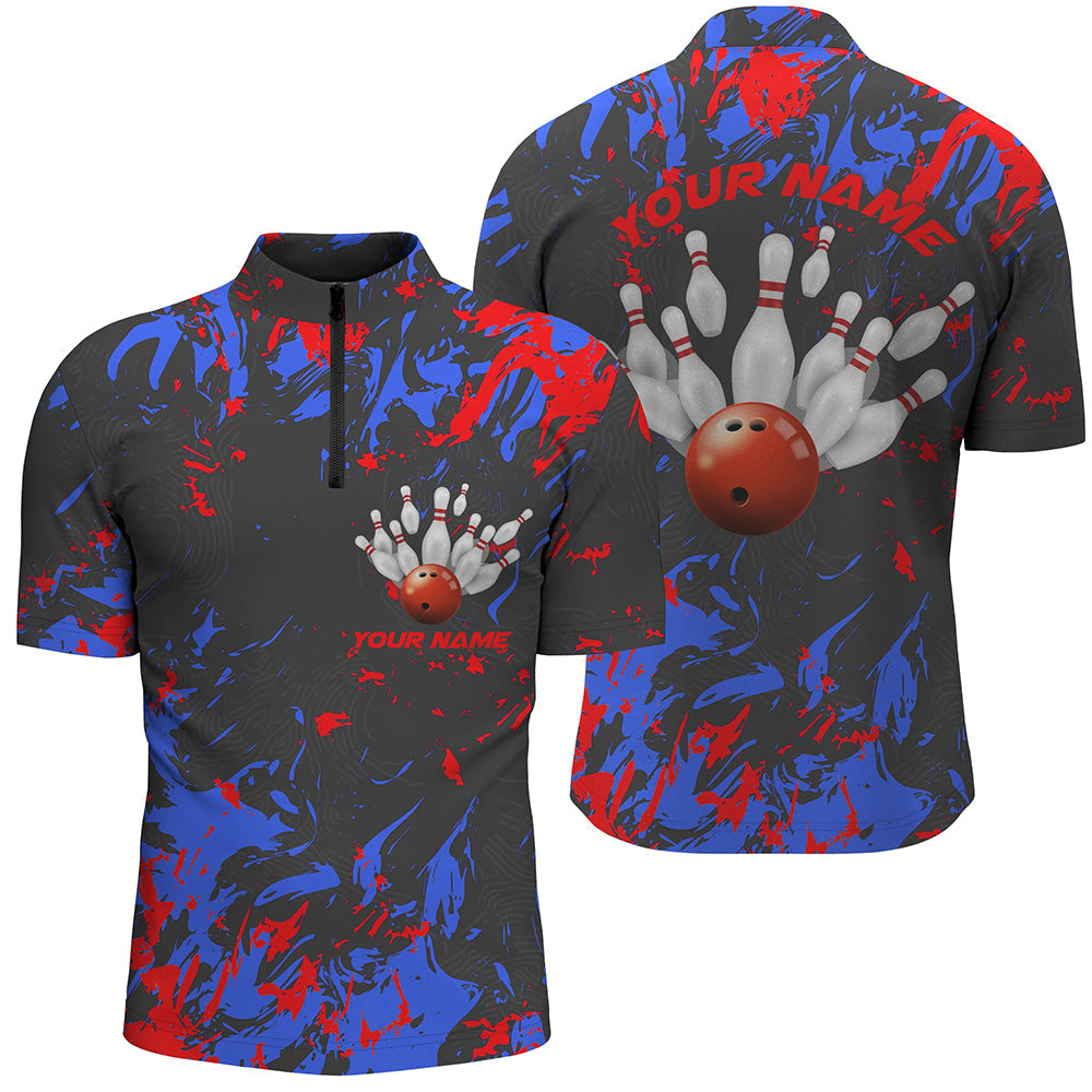 Blue And Red Camo Bowling Team Shirts Custom Men Quarter Zip Shirts Bowling League Shirts IPHW5363