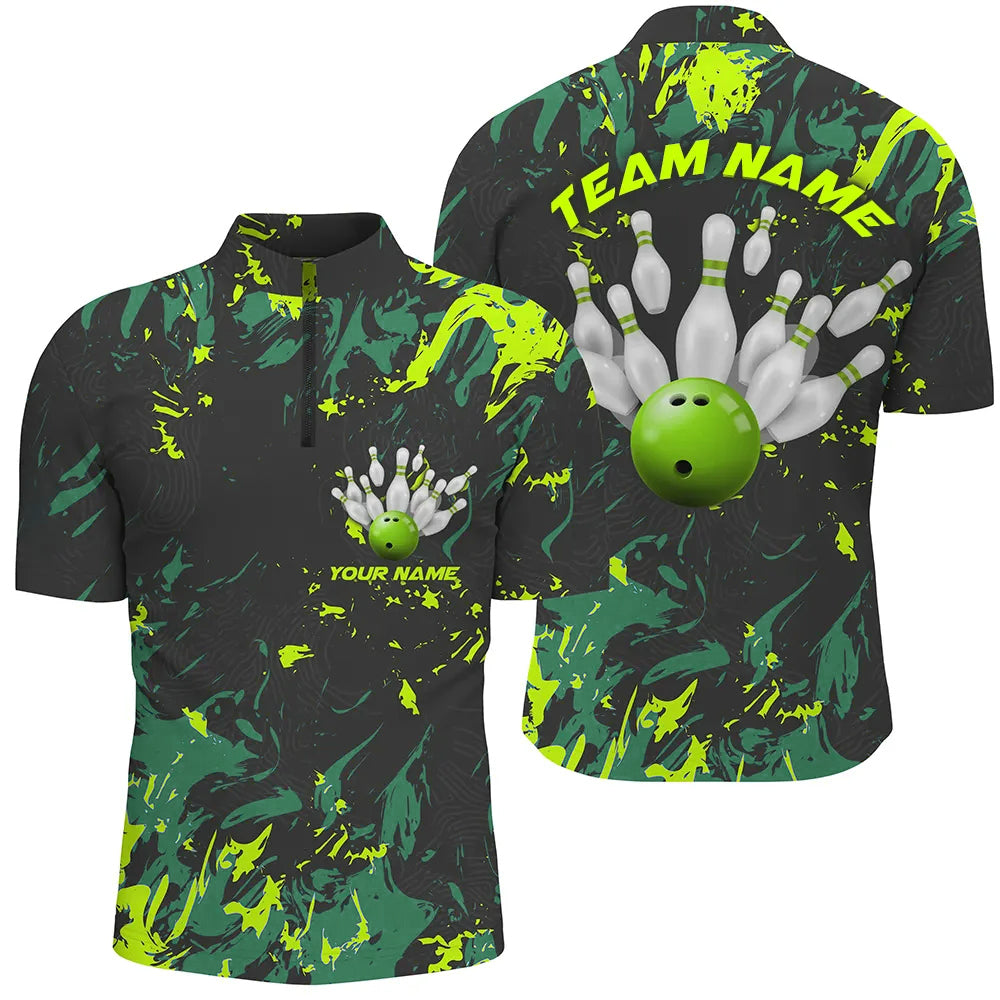 Black And Green Camo Bowling Team Shirts Custom Men Quarter Zip Shirts Bowling League Shirts IPHW5364