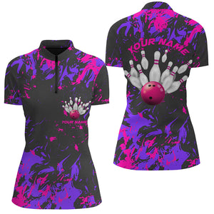 Purple And Pink Camo Bowling Team Shirts Custom Women Quarter Zip Bowling League Shirts IPHW5365