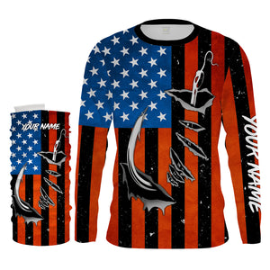 Personalized American Flag Fishing Shirts, Patriotic Fish hook Long sleeve performance Fishing Shirts - IPHW1542