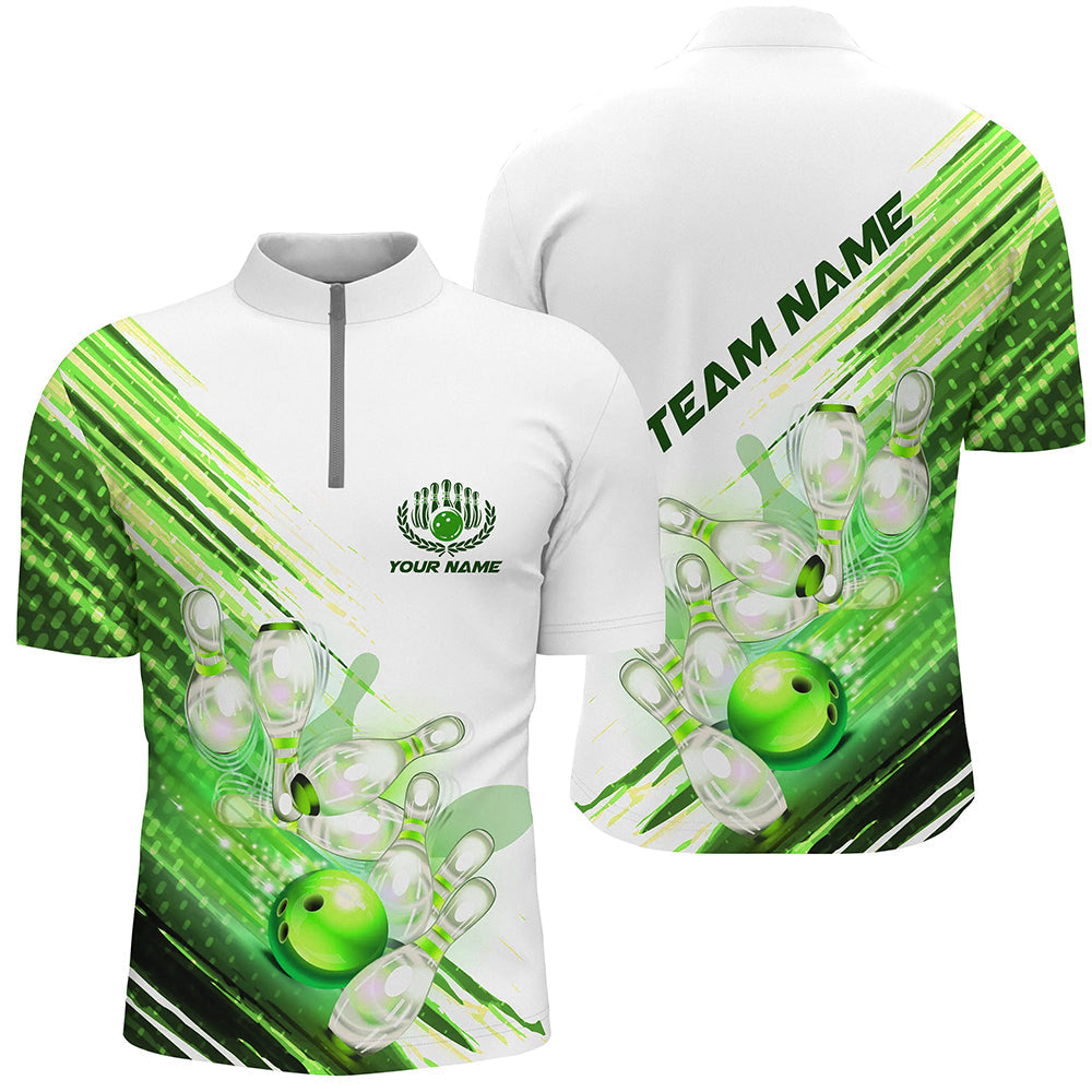 Green Custom Bowling Shirts For Men Bowling Quarter Zip Shirts Personalized Team Bowling Jerseys IPHW5371