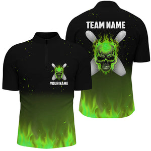 Green Flame Skull Bowling Quarter Zip Shirts Men Custom Team Bowling Jerseys Halloween Outfits IPHW5373