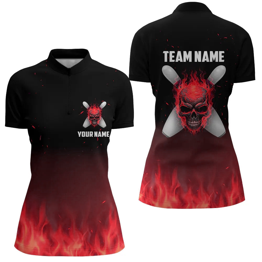 Red Flame Skull Ladies Bowling Quarter Zip Shirts Custom Women Team Bowling Jerseys IPHW5374