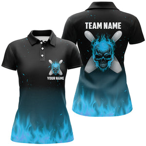 Blue Flame Skull Ladies Bowling Polo Shirts Custom Team Bowling Jerseys Halloween Outfits IPHW5375